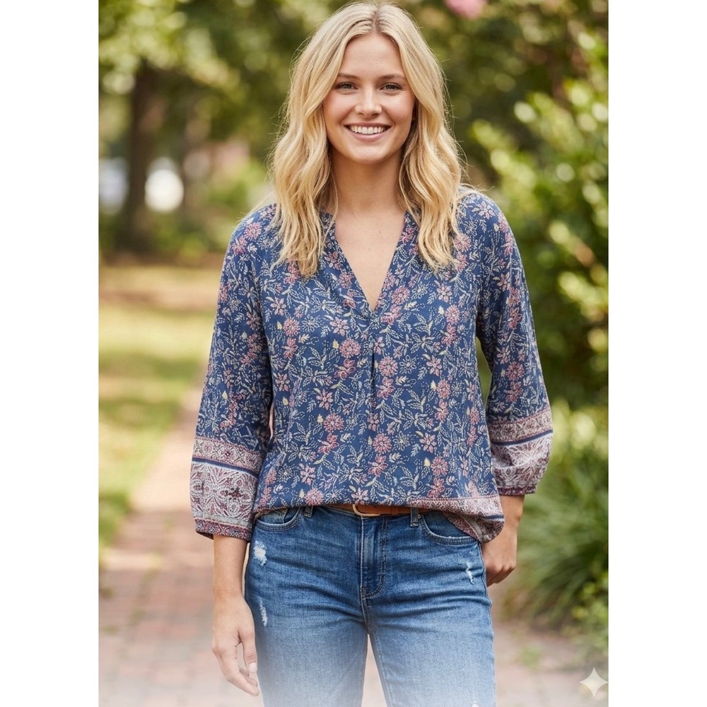 Beachlunchlounge Navy Blue Floral V-Neck 3/4 Sleeve Boho Blouse Small